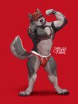 anthro biceps bulge canid canine clothing digitigrade flexing flexing_bicep fur furgonomic_headwear furgonomics hat headgear headwear hi_res jockstrap kouya male mammal muscular muscular_anthro muscular_male navel rudderbutts senor_nutria standing tail underwear