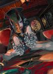  1girl bell blood blood_on_face bow breasts chinese_clothes code-aa ears fate/grand_order fate_(series) feathers hair_bow hair_ribbon hat highres horns jiangshi nail_polish outstretched_arms red_footwear ribbon shoes shuten_douji_(fate/grand_order) 