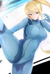  1girl bangs blue_bodysuit bodysuit breasts covered_navel high_ponytail highres kicking large_breasts leg_up long_hair looking_at_viewer maruya1006 metroid open_mouth ponytail samus_aran solo swept_bangs thighs zero_suit 