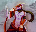  2019 anthro bottomwear claws clothed clothing dragon drake_(disambiguation) evyr fotonodactil hair horn male open_mouth pants pecs penis public reptile scalie scarf sharp_claws sharp_teeth smile solo teeth tongue topless 