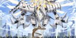  blue_archive blue_sky chokmah_(blue_archive) cityscape claws cloud geburah_(blue_archive) gun halo highres kokukyukeo machine_gun mecha missile_pod no_humans outdoors robot shoulder_cannon sky tree weapon wind 