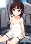  1girl absurdres arm_support bangs bare_legs bare_shoulders brown_eyes brown_hair cable closed_mouth collarbone commentary dress english_commentary eyebrows_visible_through_hair hair_ornament highres iwakura_lain looking_at_viewer mousou_(mousou_temporary) serial_experiments_lain short_hair sitting solo strap_slip white_dress x_hair_ornament yokozuwari 