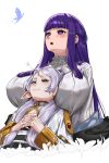  2girls :3 absurdres blunt_bangs breast_pillow breasts bug butterfly commentary dress earrings elf english_commentary enma_(enmanuelart) fern_(sousou_no_frieren) frieren green_eyes grey_hair highres huge_breasts interlocked_fingers jewelry long_hair multiple_girls parted_bangs pointy_ears purple_eyes purple_hair purple_pupils sousou_no_frieren teardrop_earrings twintails white_background white_dress 