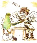  >_< 1boy 1girl angel angel_wings bird blush_stickers brown_hair chicken commentary_request cooking cooking_pot eggplant food holding holding_ladle kid_icarus kid_icarus_uprising ladle laurel_crown long_hair mochi palutena palutena_bow_(kid_icarus) pit_(kid_icarus) very_long_hair wings zeppann 