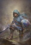  1boy blonde_hair blue_eyes blue_shirt boots brown_footwear cloak cloud cloudy_sky commentary full_body gas1 gloves highres holding holding_shield holding_sword holding_weapon hood hood_up hooded_cloak link master_sword outdoors parted_lips shield shirt sky spire sword the_legend_of_zelda the_legend_of_zelda:_breath_of_the_wild tunic weapon 