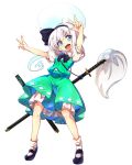  aqua_eyes baba_(baba_seimaijo) black_bow black_hairband black_neckwear bow bowtie collared_shirt commentary_request double_v full_body green_skirt green_vest hairband highres hitodama katana konpaku_youmu looking_at_viewer mary_janes medium_hair ootachi open_mouth puffy_short_sleeves puffy_sleeves sheath sheathed shirt shoes short_sleeves silver_hair skirt socks sword touhou underskirt v vest wakizashi weapon white_background white_legwear white_shirt 