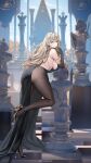  black_dress black_gloves black_pantyhose black_shoes blonde_hair breasts chain character_request chess_piece commentary_request dress earrings elbow_gloves gloves gold_chain hair_between_eyes high_heels highres houchi_shoujo jewelry leaning_forward leaning_on_object leg_up long_hair looking_at_viewer official_art orange_lips pale_skin pantyhose parted_lips shoes sideboob single_bare_shoulder statue throne yellow_eyes 