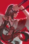  1girl ahemsehszlfmf arms_up black_hair blunt_bangs closed_mouth cutting_hair expressionless hashtag-only_commentary highres holding holding_sword holding_weapon japanese_clothes katana kimono limbus_company long_hair obi project_moon red_background red_eyes red_sash ryoshu_(project_moon) sash sash_bow sidelocks simple_background solo sword very_long_hair weapon white_kimono 