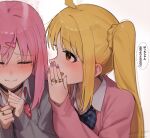  2girls :d absurdres ahoge ahoge_wag black_choker blonde_hair blue_bow blue_bowtie blush bocchi_the_rock! bow bowtie choker closed_eyes closed_mouth commentary_request expressive_hair gotoh_hitori grey_sweater hand_up heart_ring highres ijichi_nijika long_hair long_sleeves multiple_girls nail_polish open_mouth pink_hair pink_nails pink_sweater plaid_bow plaid_bowtie plaid_clothes red_bow red_bowtie red_eyes school_uniform seisyuntarotto side_ponytail sidelocks simple_background smile speech_bubble sweater upper_body white_background wing_collar 