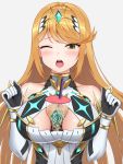  1girl ;o bangs bare_shoulders between_breasts blonde_hair blush breasts bubble_tea bubble_tea_challenge circlet cleavage cleavage_cutout collarbone cup disposable_cup dress drinking_straw earrings elbow_gloves eyebrows_visible_through_hair gem gloves grey_background hikari_(xenoblade_2) jewelry large_breasts long_hair looking_away looking_down one_eye_closed open_mouth shoulder_armor simple_background sleeveless sleeveless_dress solo sssemiii swept_bangs upper_body white_dress white_gloves xenoblade_(series) xenoblade_2 yellow_eyes 