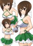  1girl absurdres alternate_costume arm_behind_back bangs blush boots bracelet breasts brown_eyes brown_hair cleavage closed_mouth clothes_writing commentary criss-cross_halter crop_top eyebrows_visible_through_hair frilled_skirt frills from_side frown girls_und_panzer green_skirt halterneck hand_in_hair hand_on_hip highres jewelry kumo_(atm) layered_skirt light_blush logo looking_at_viewer looking_back medium_breasts miniskirt motion_lines multiple_views navel nishizumi_maho parted_lips race_queen shirt short_hair simple_background skirt smile squatting standing thigh_boots thighhighs translated white_background white_footwear white_shirt 