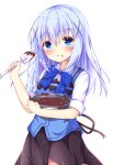  1girl :o apron bangs black_skirt blue_bow blue_eyes blue_hair blue_vest blush bow chocolate collared_shirt commentary_request eyebrows_visible_through_hair food food_on_face gochuumon_wa_usagi_desu_ka? hair_between_eyes hair_ornament holding kafuu_chino kedama_(kedama_akaza) long_hair mixing_bowl parted_lips rabbit_house_uniform shirt short_sleeves simple_background skirt solo spatula uniform vest waist_apron white_background white_shirt x_hair_ornament 