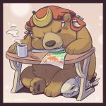  1:1 2019 anthro belly beverage brown_fur coffee dagger_(sdorica_sunset) eyes_closed fur henjikotetsu hi_res male mammal sdorica_sunset sitting sleeping slightly_chubby solo ursid 