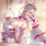  +_+ 1girl :d animal_ears apple_caramel breasts brown_eyes brown_hairband character_request cleavage commentary_request couch cup drill_hair flower gloves grey_hair hairband half_gloves hand_up highres holding holding_teapot indoors lamp large_breasts leotard long_hair low_twintails multicolored_hair navel official_art ojou-sama_pose pantyhose pink_gloves pink_leotard plunging_neckline pouring rabbit_ears rabbit_tail red_hair smile solo starseed:_asnia_trigger tail teacup teapot twin_drills twintails two-tone_hair v-shaped_eyebrows very_long_hair white_flower white_pantyhose 