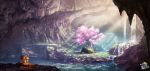  artist_name cave cherry_blossoms fantasy flower grass highres light_rays mecha nature no_humans original petals rapt_(47256) robot scenery stone_lantern stream sunlight water waterfall watermark wind 