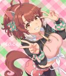  1girl ahoge animal_ears black_leggings black_shrug blush breasts brown_eyes brown_hair checkered_ribbon commentary_request dantsu_flame_(center_spotlight)_(umamusume) dantsu_flame_(umamusume) double_v ear_covers ear_ornament ear_ribbon grin hair_between_eyes highres horse_ears horse_girl horse_tail large_breasts leggings leggings_under_shorts looking_at_viewer midriff multicolored_hair open_mouth pink_shirt pink_shorts shirt shorts shrug_(clothing) smile solo sorodansu stomach tail teeth tied_shirt umamusume v white_hair white_shirt 