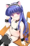  1girl animal_ears bare_shoulders bikini black_bikini black_legwear blue_hair blush breasts cat_ears chair commentary_request desk eyebrows_visible_through_hair eyes_visible_through_hair frilled_hairband frills from_above furude_rika gaou hairband hand_up higurashi_no_naku_koro_ni long_hair looking_at_viewer navel on_desk paw_pose red_eyes school_chair school_desk shiny shiny_hair side-tie_bikini simple_background sitting small_breasts solo swimsuit thighhighs very_long_hair white_background wrist_cuffs 