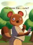  animal_crossing blush canid canine clothed clothing conditional_dnp hi_res male mammal nintendo raccoon_dog renabu slightly_chubby solo tanuki text tom_nook_(animal_crossing) tree video_games 