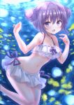  1girl :d absurdres bare_arms bare_legs bare_shoulders bikini bikini_skirt blush breasts cleavage collarbone commentary_request double_bun fish freediving frilled_bikini frills gochuumon_wa_usagi_desu_ka? groin hands_up highres long_hair looking_at_viewer navel open_mouth purple_eyes purple_hair sakuraume small_breasts smile solo stomach swimsuit tedeza_rize thighs underwater water white_bikini 