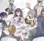  3boys 4girls aiguillette arlecchino_(genshin_impact) arm_rest armor asymmetrical_bangs bangs_pinned_back black_bra black_collar black_eyes black_gloves black_hair black_hands black_mask black_shirt black_sleeves blonde_hair blue_eyes blunt_bangs bow bowtie bra breasts brown_hair cake candy candy_wrapper capitano_(genshin_impact) center-flap_bangs choker cleavage closed_eyes closed_mouth clothing_cutout coat coat_on_shoulders collar collarbone colored_extremities columbina_(genshin_impact) cup detached_collar detached_sleeves dress elbow_gloves elbow_rest eye_mask eyelashes eyes_visible_through_eyewear facing_viewer fatui_coat feathered_wings food frilled_sleeves frills from_behind fur-trimmed_coat fur_collar fur_trim genshin_impact gloves grey_shirt grey_vest hair_between_eyes hair_intakes hair_ornament hair_ribbon half_eye_mask half_gloves half_mask hand_on_own_cheek hand_on_own_face hand_on_own_hip hashtag-only_commentary head_rest head_wings highres holding holding_cup japanese_armor kettle kote kurokote lapels long_hair long_sidelocks mandarin_collar mask multicolored_hair multiple_boys multiple_girls multiple_wings off-shoulder_dress off_shoulder open_clothes open_coat orange_hair plate purple_hair purple_rope purple_sash red_hair red_sash renyupa ribbon rope sandrone_(genshin_impact) sash scaramouche_(genshin_impact) shimenawa shirt short_hair short_hair_with_long_locks side_cutout sidelocks signora_(genshin_impact) sitting smile spaghetti_strap spilling standing strapless strapless_dress strawberry_shortcake streaked_hair symbol-shaped_pupils table tartaglia_(genshin_impact) tea_party teacup tress_ribbon twitching underwear vest white_bow white_bowtie white_choker white_coat white_dress white_gloves white_hair white_headdress white_mask white_ribbon white_rope white_sleeves white_wings wing_hair_ornament wings x-shaped_pupils 