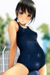  1girl absurdres bangs bare_arms bare_shoulders between_legs black_hair blue_swimsuit blurry blurry_background blush breasts brown_eyes collarbone covered_navel day depth_of_field eyebrows_visible_through_hair head_tilt highres kickboard long_hair looking_at_viewer matsunaga_kouyou nose_blush one-piece_swimsuit original outdoors parted_lips school_swimsuit small_breasts solo swimsuit wet wet_clothes wet_swimsuit 