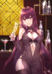  1girl bangs bare_shoulders blush breasts center_opening closed_mouth collarbone cup demmy dress drinking_glass fate/grand_order fate_(series) hair_between_eyes hair_intakes large_breasts long_hair looking_at_viewer navel purple_dress purple_hair red_eyes scathach_(fate)_(all) scathach_(fate/grand_order) smile solo wine_glass 