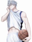  1boy abs ball basketball_(object) basketball_jersey blue_eyes clenched_teeth cowboy_shot grey_hair hair_between_eyes hand_up highres holding holding_ball honkai:_star_rail honkai_(series) male_focus navel neck_tattoo parted_lips phainon_(honkai:_star_rail) short_hair simple_background sleeveless solo tattoo teeth umenoume white_background 