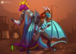  2019 5_fingers anthro brown_hair clothed clothing detailed_background dragon duo female hair horn male membrane_(anatomy) membranous_wings scalie senka-bekic spyro spyro_the_dragon standing video_games western_dragon wings 