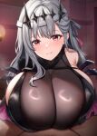  1boy 1girl armpit_crease bandaged_head bandages black_leotard black_tiara blush breasts closed_mouth clothed_sex commentary covered_nipples goddess_of_victory:_nikke grey_hair hetero highres huge_breasts implied_paizuri indoors kannko_bokujou lamp leotard long_hair looking_at_viewer modernia_(nikke) modernia_(second_affection)_(nikke) nipple_slip nipples official_alternate_costume pov red_eyes see-through_clothes see-through_leotard sideboob single_bare_shoulder smile solo_focus star_(symbol) star_in_eye steaming_body symbol_in_eye tiara upper_body 