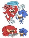  2014 bandage bandanna blue_fur derp_eyes dialogue echidna english_text eulipotyphlan fur green_eyes hedgehog humor knuckles_the_echidna mammal miikanism monotreme not-a-comedian red_fur scarf simple_background sonic_(series) sonic_boom sonic_the_hedgehog sticks text white_background 