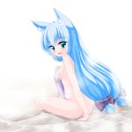  1girl :d animal_ear_fluff animal_ears arm_support ass bangs blue_eyes blue_hair blush bow breasts commentary_request covering eyebrows_visible_through_hair fox_ears hair_bow highres kanijiru long_hair looking_at_viewer looking_to_the_side low-tied_long_hair medium_breasts nude_cover open_mouth original plaid plaid_bow purple_bow sitting smile solo very_long_hair white_background 