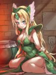  1girl arms_behind_back asutora blonde_hair blue_eyes bound bound_wrists breasts brick_wall chain clenched_teeth commentary_request dress dungeon forehead_jewel green_dress helmet highres indoors jar long_hair looking_at_viewer medium_breasts pauldrons riesz seiken_densetsu seiken_densetsu_3 sitting sketch solo strapless strapless_dress teeth very_long_hair wariza winged_helmet 