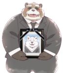  2019 anthro brown_fur canid canine canis clothing eyes_closed fur garouzuki hi_res humanoid_hands male mammal overweight overweight_male raccoon_dog shirt solo tanuki topwear white_fur wolf 