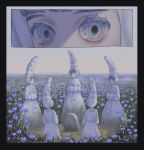 5girls black_border blue_eyes border colored_eyelashes dress expressionless eye_focus field flower flower_field grave grey_hair hands_in_opposite_sleeves hat highres horizon huyu_pm04 landscape multiple_girls original outdoors purple_flower standing tall_hat tombstone 
