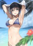  1girl :d araido_kagiri armpits arms_up bare_arms bare_shoulders bikini black_hair blue_bikini blue_eyes blurry breasts cleavage collarbone commentary_request covered_nipples day depth_of_field flower hair_ornament hairclip halterneck hibiscus highleg highleg_bikini highres holding holding_towel large_breasts leaf long_hair looking_at_viewer navel ocean open_mouth original outdoors ponytail red_flower sidelocks smile solo stomach swimsuit towel upper_body wet 