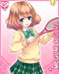  1girl :d ball blue_eyes bow bowtie brown_hair card_(medium) cardigan character_name girlfriend_(kari) green_bow green_bowtie green_skirt holding holding_tennis_racket looking_at_viewer miniskirt official_art ogura_megumi pink_background plaid_clothes plaid_skirt pleated_skirt qp:flapper racket school_uniform shirt short_hair skirt smile solo tennis_ball tennis_racket white_shirt yellow_cardigan 