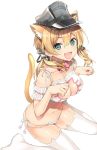  1girl :d anchor_hair_ornament animal_band_legwear animal_ear_fluff animal_ears aqua_eyes arm_garter bangs bell bell_choker black_headwear blonde_hair blush bow bra breasts cat_band_legwear cat_cutout cat_ear_panties cat_ears cat_girl cat_lingerie cat_tail choker cleavage cleavage_cutout collarbone commentary_request eyebrows_visible_through_hair fang frilled_bra frills groin hair_between_eyes hair_ornament hat highres inuzumi_masaki jingle_bell kantai_collection kemonomimi_mode large_breasts lingerie long_hair looking_at_viewer meme_attire navel open_mouth panties paw_pose paw_print peaked_cap peaked_lapels pink_bow prinz_eugen_(kantai_collection) side-tie_panties simple_background sitting smile solo standing tail thighhighs twintails underwear underwear_only wariza white_background white_bra white_choker white_legwear 