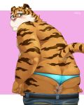  2019 anthro blush bottomwear butt clothing eyewear felid fur glasses hi_res humanoid_hands male mammal nikiciy orange_fur overweight overweight_male pantherine pants solo tiger underwear undressing 