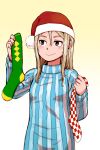  1girl blonde_hair blue_shirt commentary_request gradient_background hand_up hat highres holding_sock long_sleeves naotan red_eyes santa_hat shirt smile socks striped_clothes striped_shirt unworn_socks vertical-striped_clothes vertical-striped_shirt yellow_background 