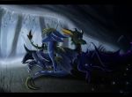  2013 black_bars claws day detailed_background dragon feral group hair hi_res horn lying membrane_(anatomy) membranous_wings outside raining scalie sitting skaydie spines western_dragon wings 