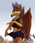  anthro avian brown_fur cervid clothed clothing duo entrapment feathers female fur gryphon hi_res macro male male/female mammal size_difference tirrel 