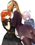  3girls ?? black_gloves bodysuit brown_eyes brown_hair command_spell commentary_request eyepatch fate/grand_order fate_(series) fujimaru_ritsuka_(female) gloves hand_on_own_chin head_mounted_display highres long_hair looking_at_another looking_at_viewer looking_back mash_kyrielight multiple_girls ophelia_phamrsolone orange_hair ortenaus polar_chaldea_uniform purple_eyes purple_hair short_hair simple_background utayoi_(umakatare) white_background 