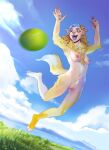  2025 ball blue_highlights breasts brown_body brown_fur brown_hair canid canine canis cloud day digital_media_(artwork) domestic_dog dutch_angle feet female fingerpads fur genitals grass hair highlights_(coloring) human human_to_anthro mammal nipples nude outside pawpads plant smile solo species_transformation strawberrytfs tail tennis_ball transformation vulva water 
