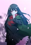  1girl bangs black_hair black_skirt blush breasts cherry_blossoms coat floating_hair flower girls_frontline green_coat hair_flower hair_ornament holding holding_clothes long_hair long_sleeves looking_at_viewer outdoors overcoat petals pink_flower pleated_skirt red_eyes red_ribbon red_scarf ribbon scarf school_uniform serafuku skirt skirt_lift solo standing type_100_(girls_frontline) warashi wind wind_lift 