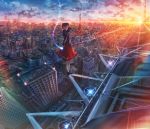  1girl black_hair blurry building cityscape cloud depth_of_field hand_up highres kenzo_093 lens_flare long_hair looking_at_viewer looking_back original red_skirt scenery skirt sky skyscraper solo star_(sky) sunset tower 