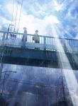  2boys bag bridge brown_hair cardigan cloud cloudy_sky from_below highres lamppost light_rays male_focus multiple_boys nakamura_yukihiro necktie original power_lines rain school_bag short_hair sky telephone_pole 