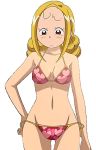  1girl 2016 absurdres ahoge bare_arms bikini blonde_hair brown_eyes closed_mouth embarrassed female highres long_hair mound_of_venus ojamajo_doremi raised_eyebrows red_bikini red_swimsuit scan side-tie_bikini solo string_bikini swimsuit tamaki_reika 