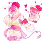  1girl antennae armband bandana cable cable_tail commentary crt dress english_commentary forsaken_(roblox) hand_up heart hong_tanght long_sleeves mechanical_tail multiple_views pink_armband pink_bandana pink_skirt pink_thighhighs pleated_skirt puffy_long_sleeves puffy_sleeves ribbed_dress roblox simple_background skirt sleeves_past_fingers sleeves_past_wrists sweater sweater_dress tail thighhighs veeronica_(forsaken) white_background white_sweater 