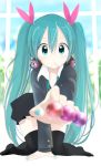  alternate_costume aqua_eyes aqua_hair blue_eyes blue_hair candy fingernails food fourth_wall hatsune_miku highres kneeling lollipop long_hair looking_at_viewer nail_polish sake-meron tagme twintails very_long_hair vocaloid 