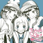  1boy 2girls baseball_cap blush closed_mouth collarbone elio_(pokemon) eyelashes hand_on_own_chin hand_up hat heart highres holding holding_another's_hair kinocopro lillie_(pokemon) looking_at_another looking_down multiple_girls open_mouth pokemon pokemon_sm selene_(pokemon) shirt short_sleeves simple_background smile striped_clothes striped_shirt stroking_own_chin sweat t-shirt thank_you 